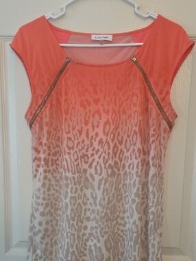 Calvin Klein Coral Tan Ombre Leopard Zip-Accent Sleeveless Tunic -  Small Petite